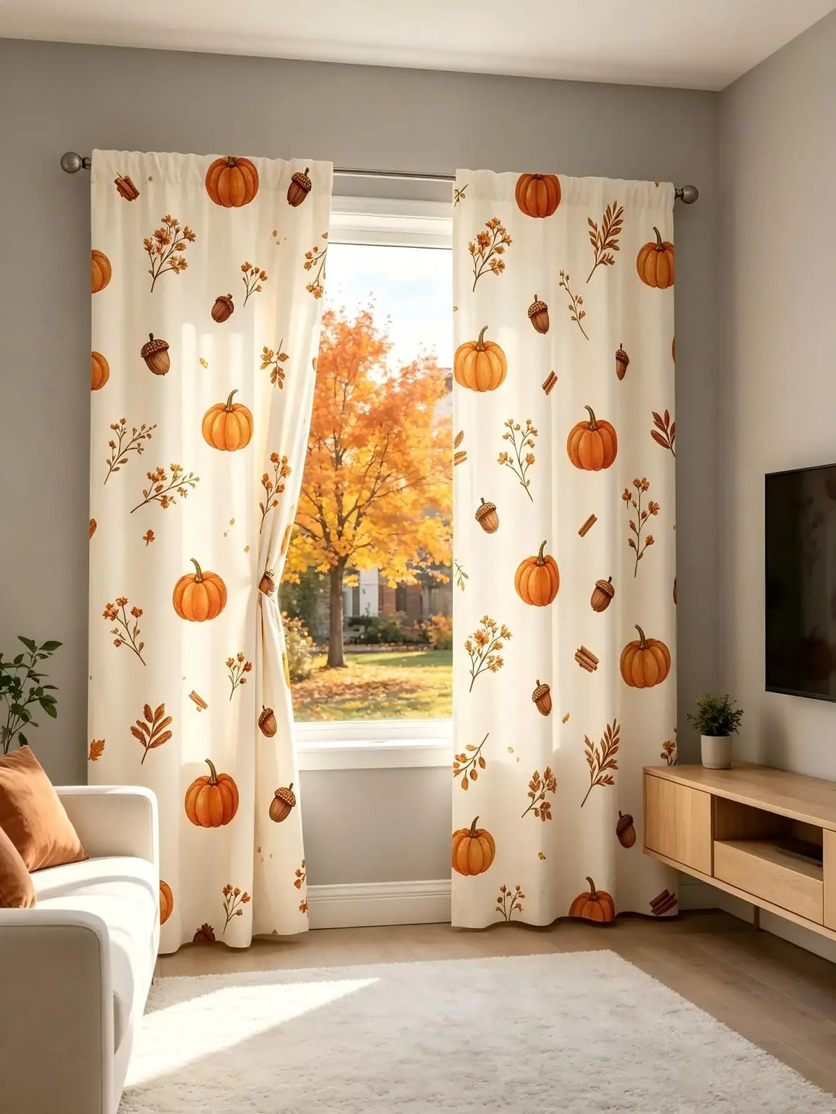 Set of 2 Pumpkin and Acorn Print Curtains