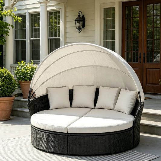 Round Rattan Patio Daybed with Adjustable Canopy