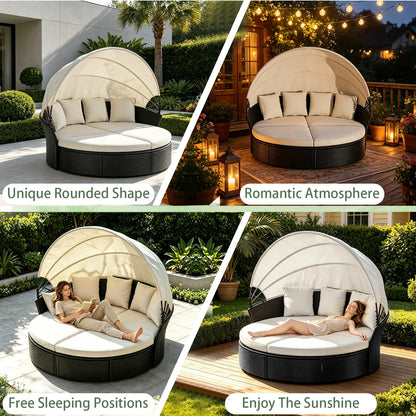 Round Rattan Patio Daybed with Adjustable Canopy