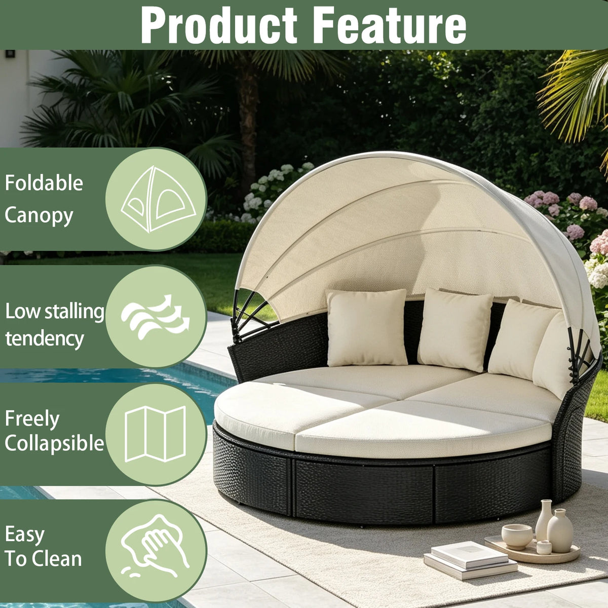 Round Rattan Patio Daybed with Adjustable Canopy