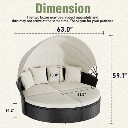 Round Rattan Patio Daybed with Adjustable Canopy