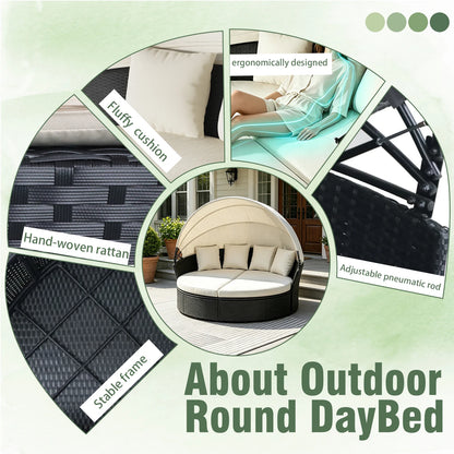 Round Rattan Patio Daybed with Adjustable Canopy