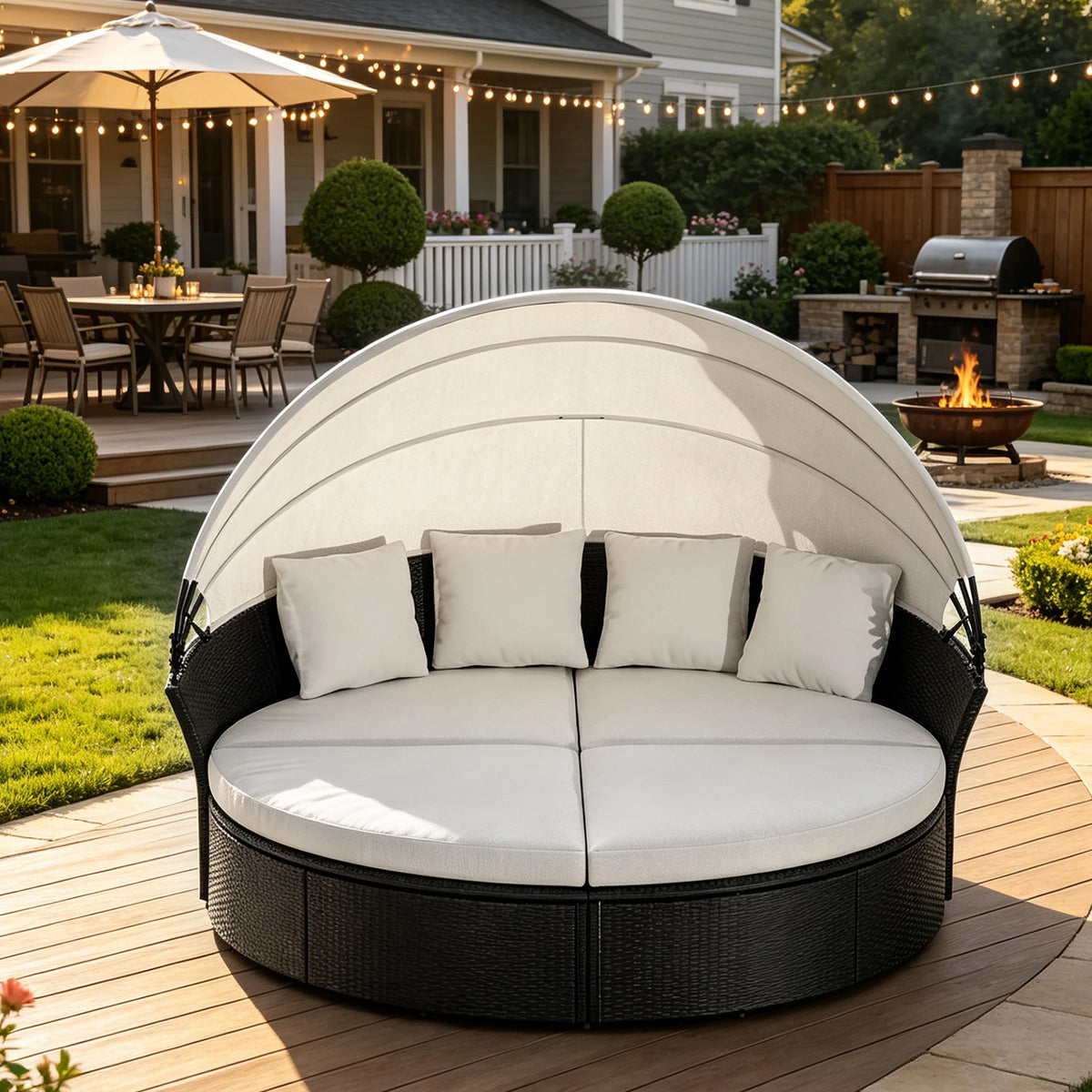 Round Rattan Patio Daybed with Adjustable Canopy