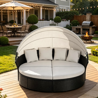 Round Rattan Patio Daybed with Adjustable Canopy
