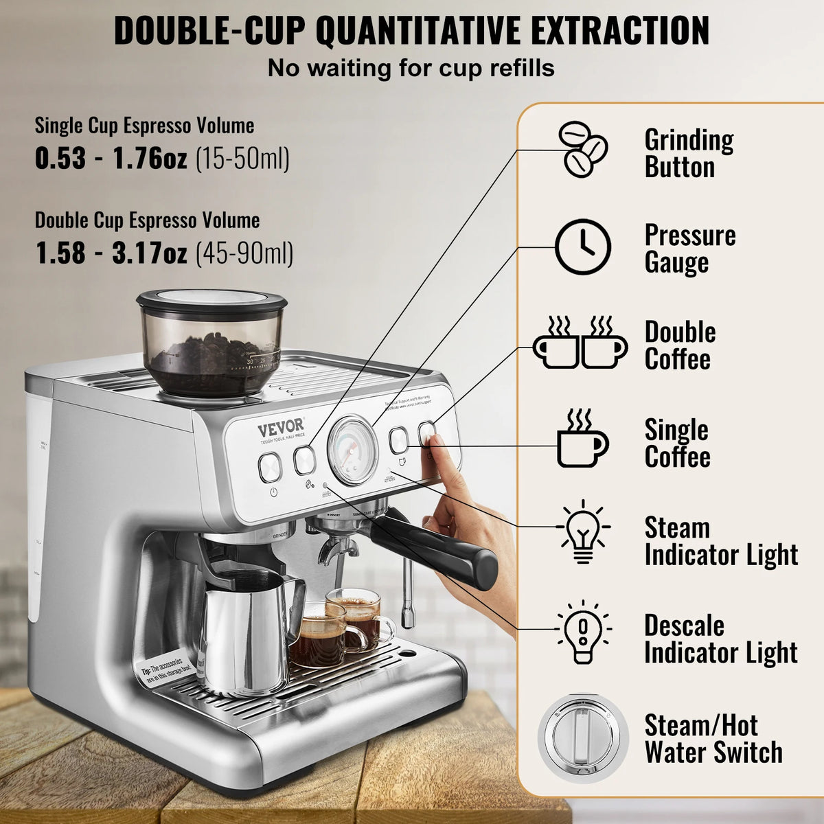 15-Bar Espresso Machine with Grinder and Milk Frother