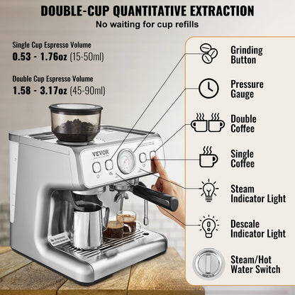 15-Bar Espresso Machine with Grinder and Milk Frother