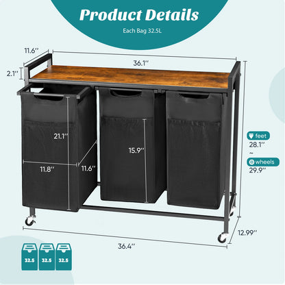 36-Inch Rolling Laundry Sorter Cabinet