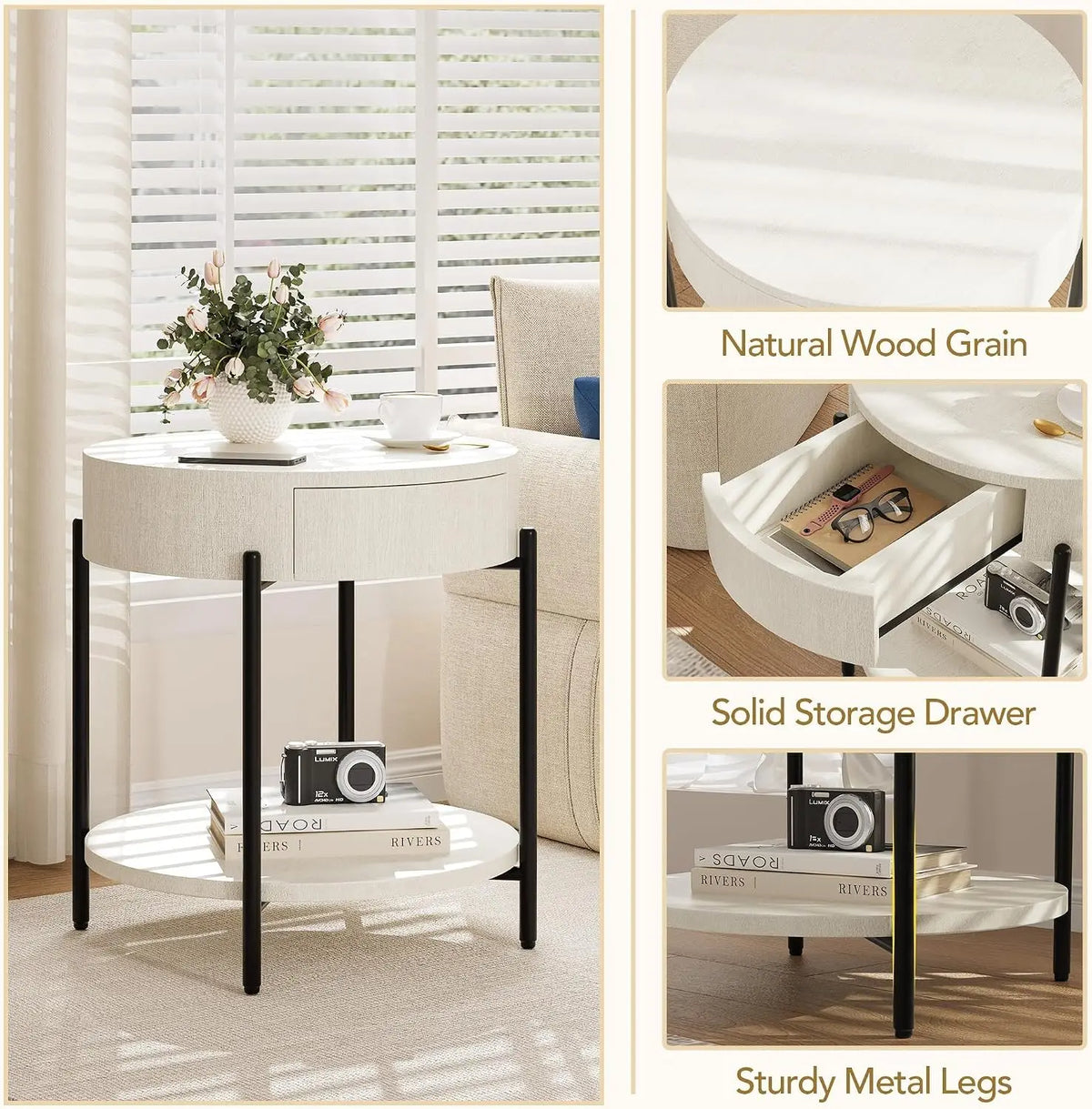 Round Bedside Table with Drawer