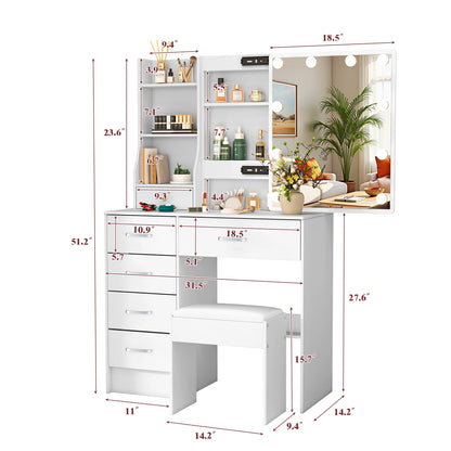 LED Mirror Vanity Table with Stool and Six Drawers