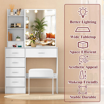 LED Mirror Vanity Table with Stool and Six Drawers