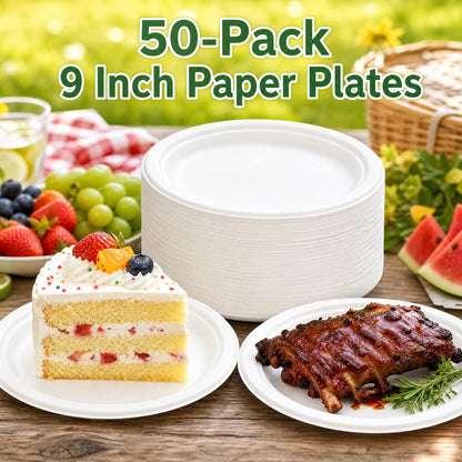 50-Pack 9-Inch Compostable Sugarcane Plates