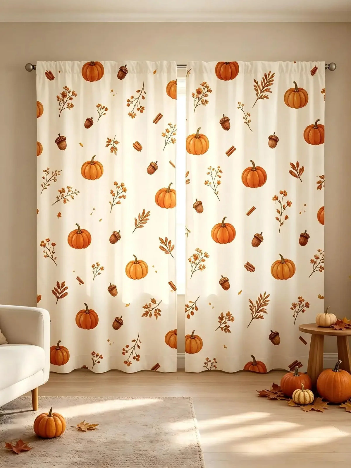 Set of 2 Pumpkin and Acorn Print Curtains