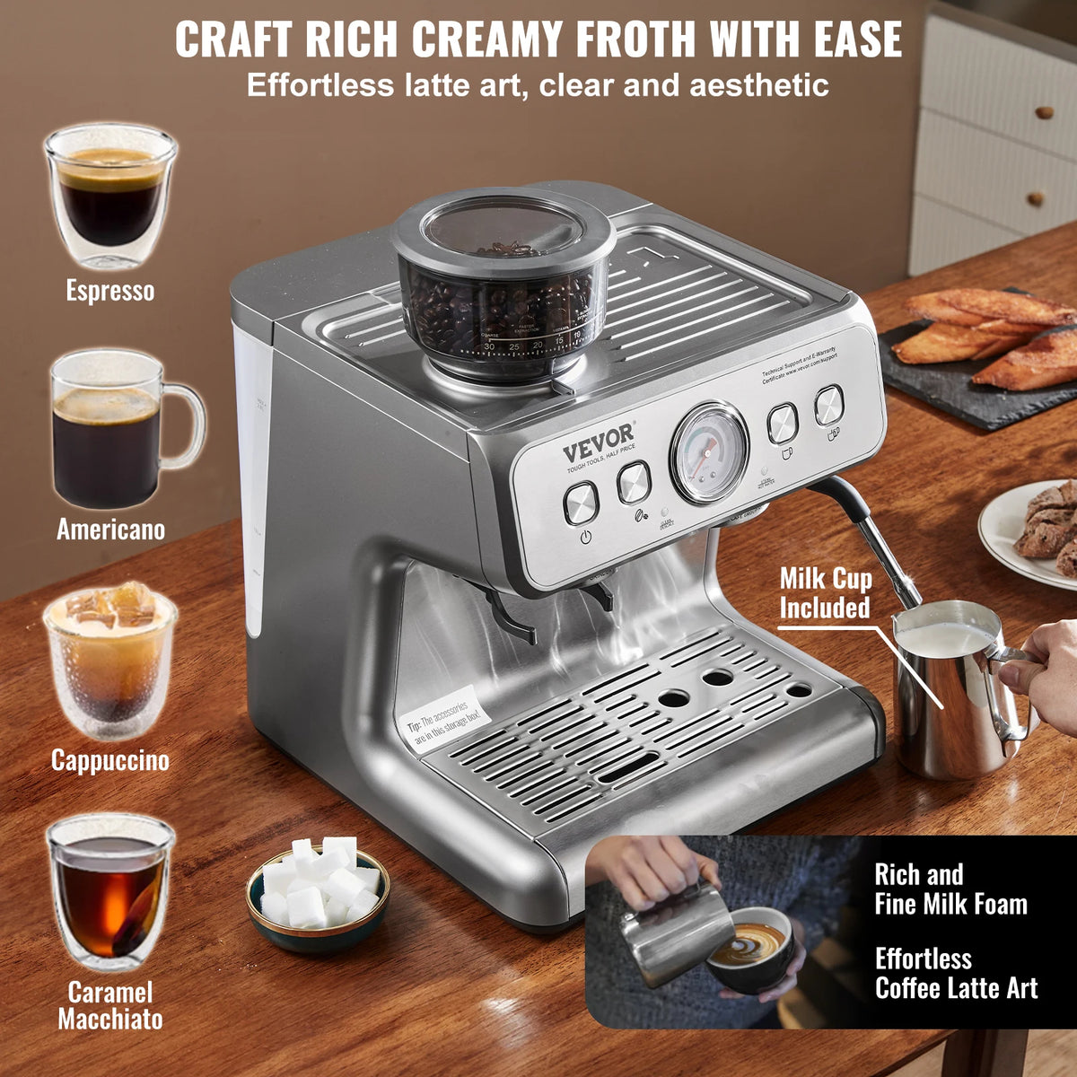 15-Bar Espresso Machine with Grinder and Milk Frother