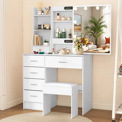 LED Mirror Vanity Table with Stool and Six Drawers