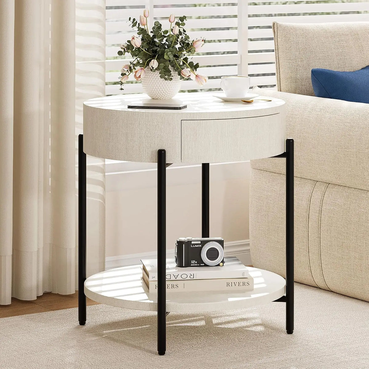 Round Bedside Table with Drawer