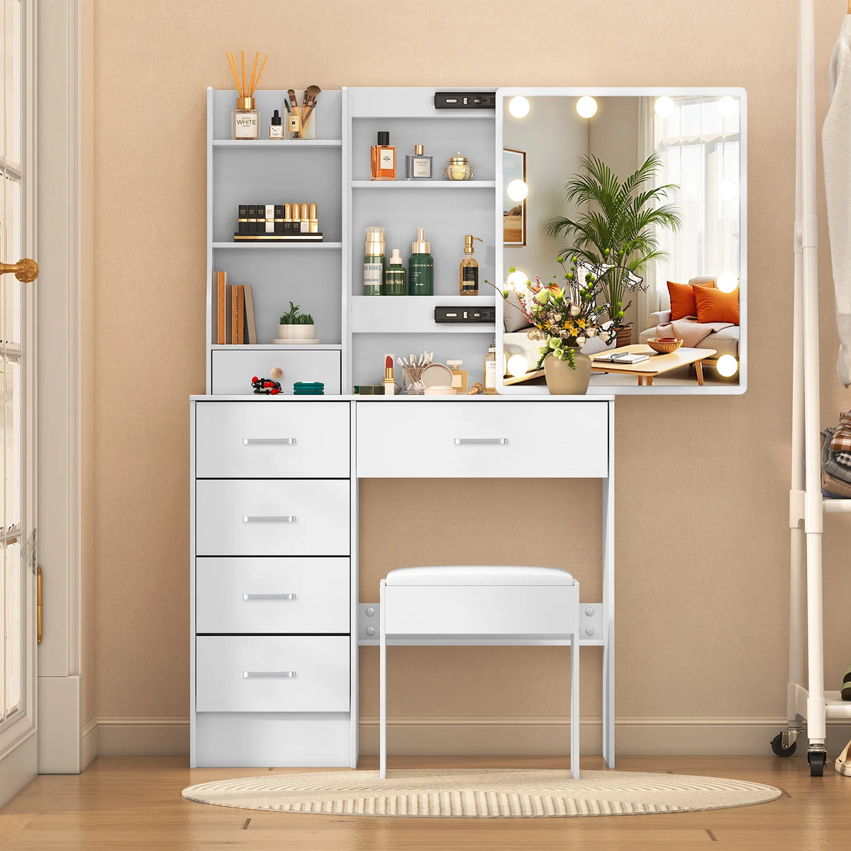 LED Mirror Vanity Table with Stool and Six Drawers