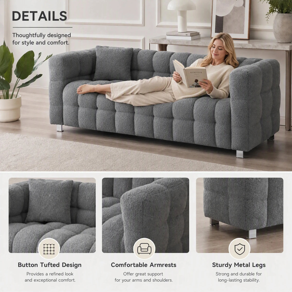 80-Inch Teddy Fleece 3-Seater Sofa