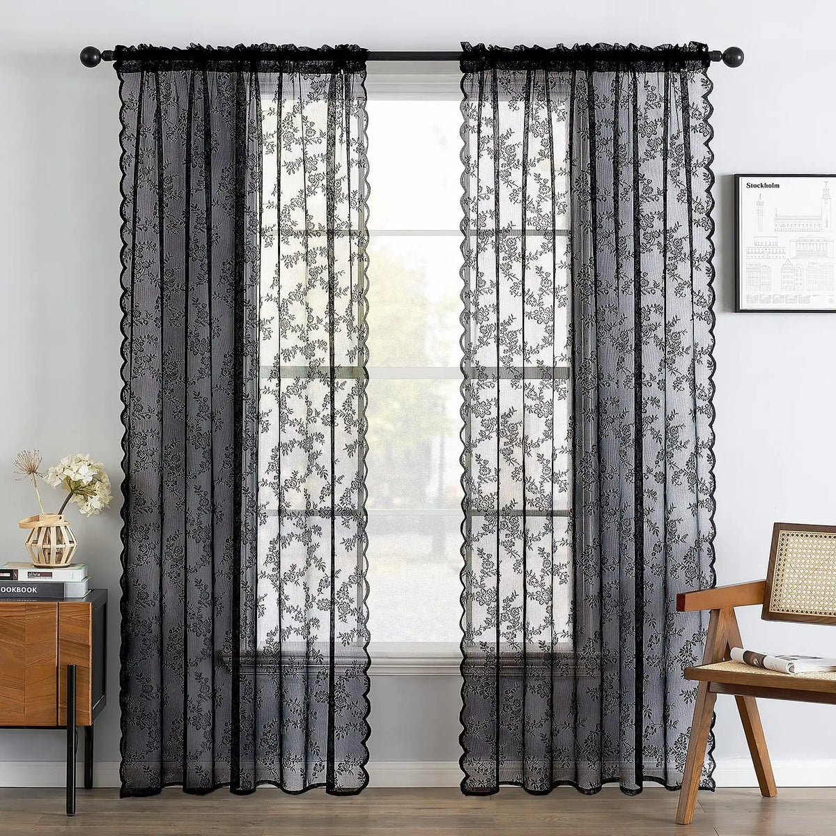 Vintage Embroidered Floral Lace Curtain Panel