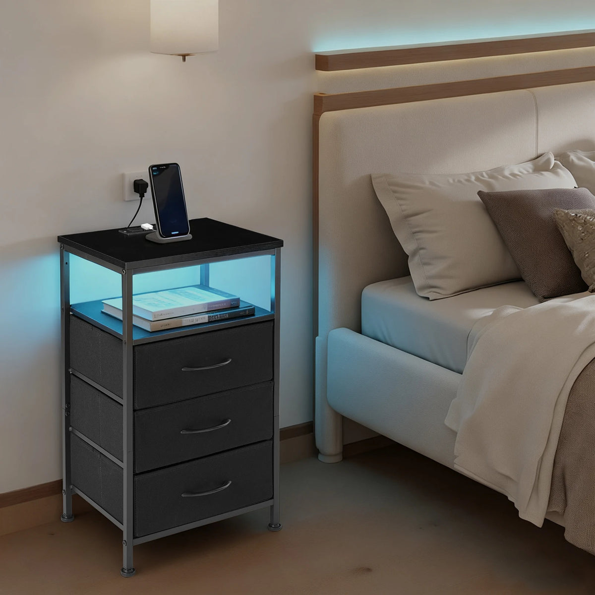 Three-Drawer Nightstand with Charging Station