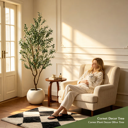 5.25–7.10-Foot Faux Olive Tree with Black Pot