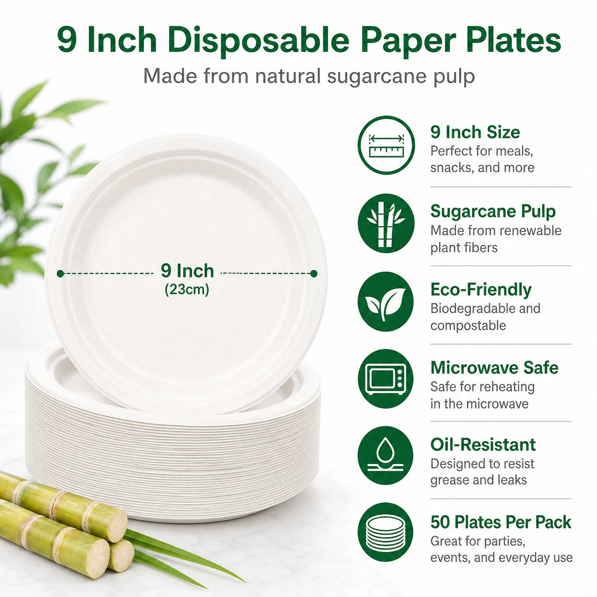 50-Pack 9-Inch Compostable Sugarcane Plates