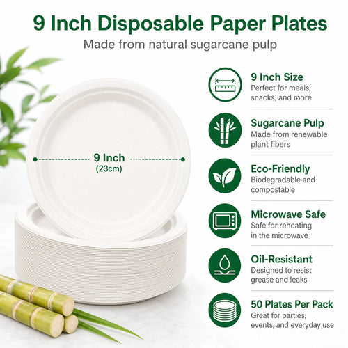 50-Pack 9-Inch Compostable Sugarcane Plates