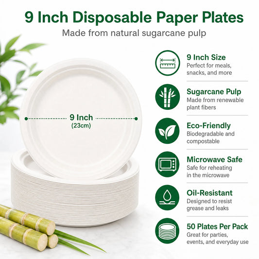 50-Pack 9-Inch Compostable Sugarcane Plates