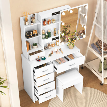 LED Mirror Vanity Table with Stool and Six Drawers