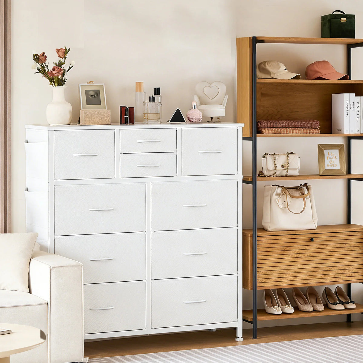10-Drawer Fabric Storage Cabinet with Side Pocket