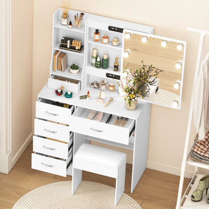 LED Mirror Vanity Table with Stool and Six Drawers