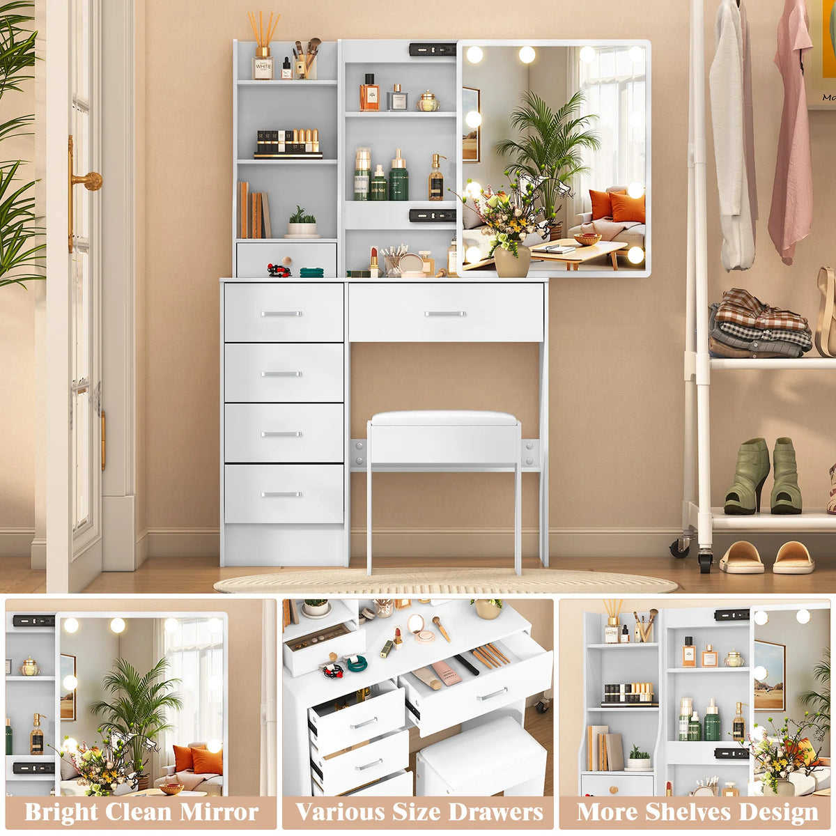 LED Mirror Vanity Table with Stool and Six Drawers