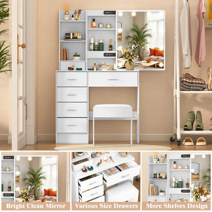 LED Mirror Vanity Table with Stool and Six Drawers