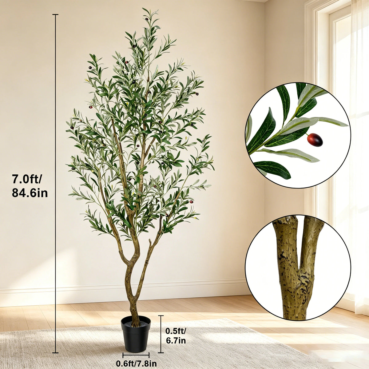 5.25–7.10-Foot Faux Olive Tree with Black Pot
