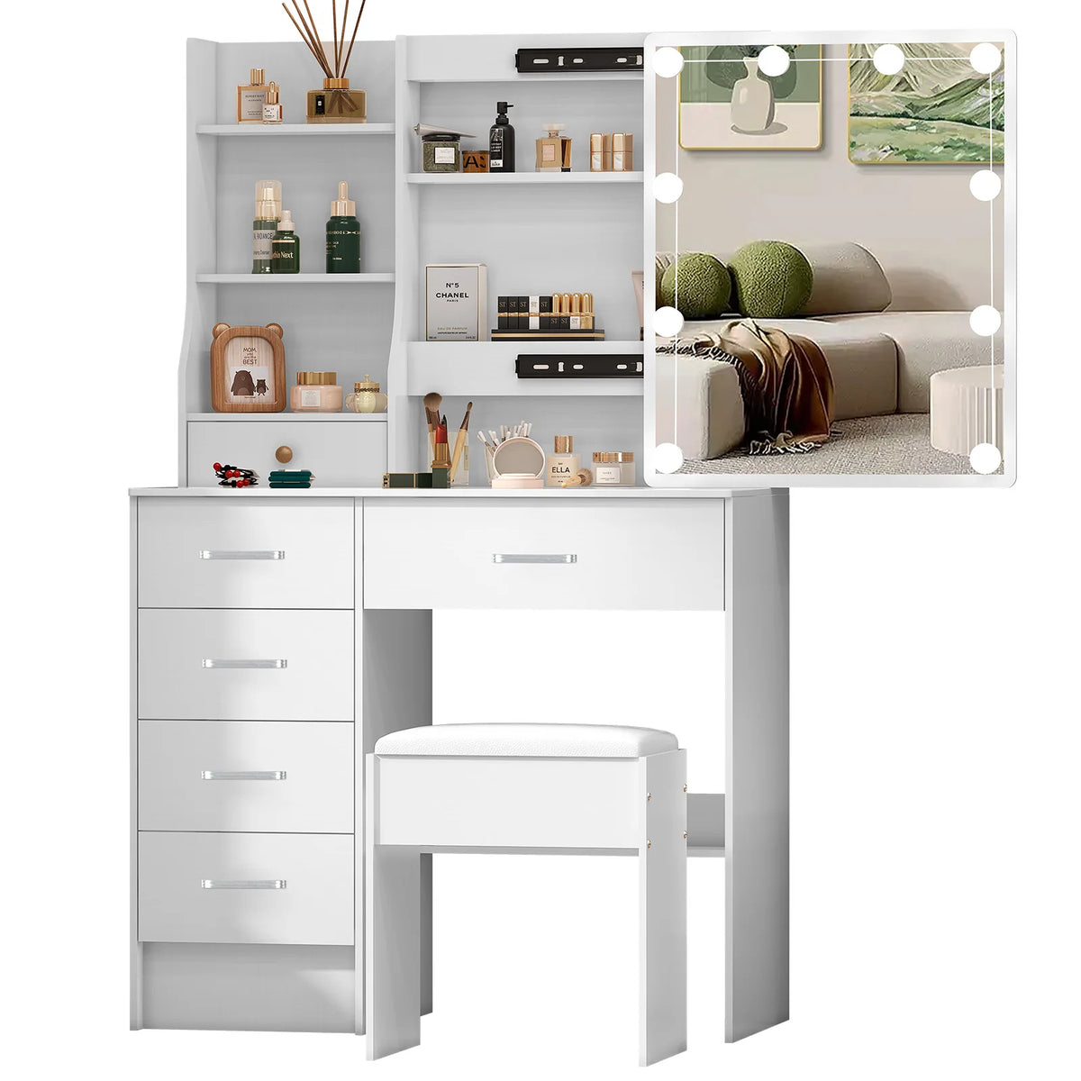 LED Mirror Vanity Table with Stool and Six Drawers