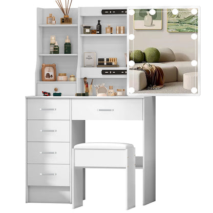 LED Mirror Vanity Table with Stool and Six Drawers