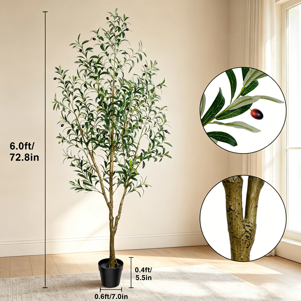5.25–7.10-Foot Faux Olive Tree with Black Pot