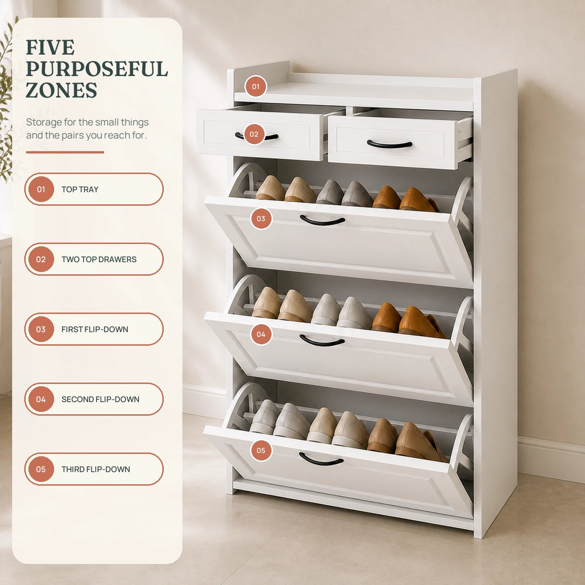 Elenvya Entryway Shoe Cabinet — feature overview 3 plus 2