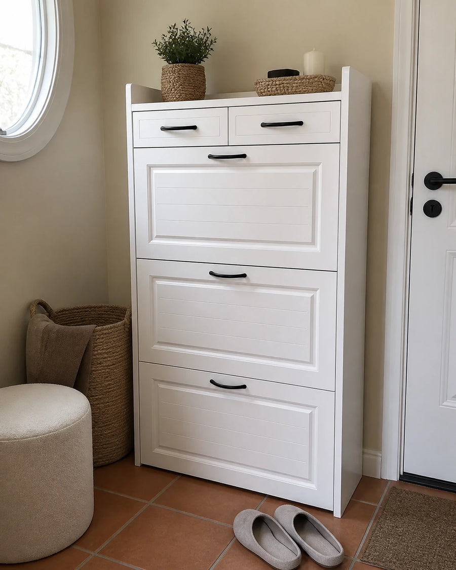 Elenvya Entryway Shoe Cabinet — boucle pouf lifestyle